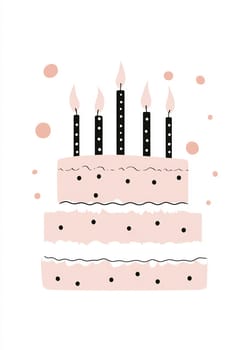A three-layer cake in soft pink, decorated with black dots and topped with five lit candles, perfect for a celebratory occasion.