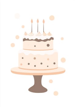 A beautifully designed two-tier cake sits on a stand, adorned with dots and topped with candles, perfect for celebrations and special occasions.