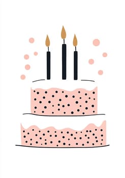 A two-layer cake features pink frosting with black polka dots, topped with three burning candles and festive decorations.