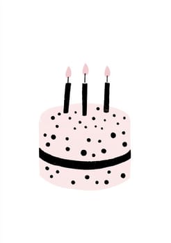 A pink round cake topped with three lit candles stands against a white background, celebrating a special occasion with festive flair.