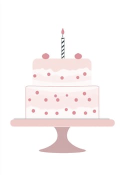 A delicate two-tiered cake decorated with pink dots and topped with a candle, perfect for a special celebration or birthday event.