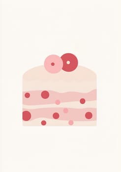 A colorful cake slice showcases pink layers and is topped with round red decorations, appealing to dessert lovers and enthusiasts.