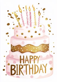 A joyful birthday cake with three layers, decorated with pink and gold accents, topped with lit candles, and celebrating a special occasion.