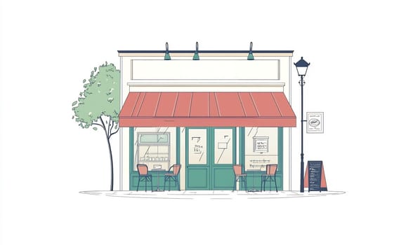 A small cafe with outdoor seating is set against a bright backdrop. The inviting space has potted plants and a chalkboard menu.