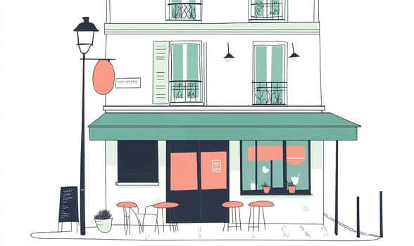 This quaint cafe features an inviting green awning, outdoor seating, and large windows showcasing a friendly atmosphere in a lively area.