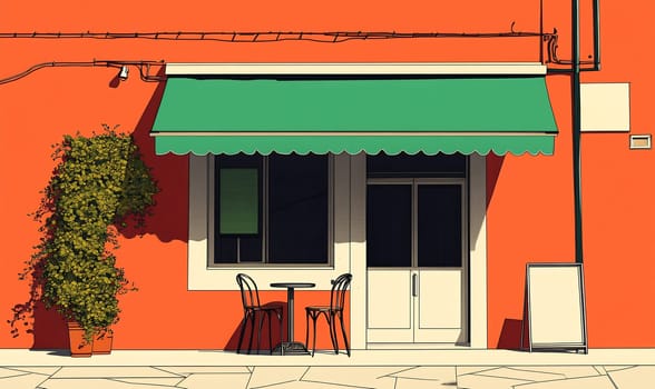 A charming cafe features a green awning and a small table set for two, surrounded by bright orange walls and green plants.