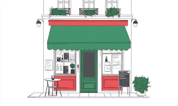 A quaint cafe with a red and green awning features outdoor seating, plants, and a welcoming atmosphere in a bustling city.