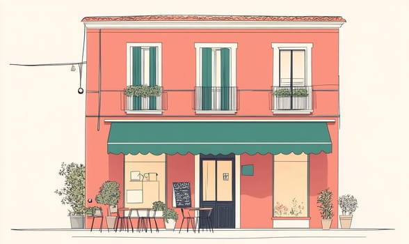 Colorful cafe exterior features outdoor tables and green awnings. Lush plants decorate the premises, inviting customers to relax.
