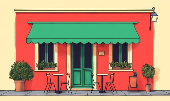 A vibrant cafe with a red wall, green awning, and outdoor seating. Potted plants add charm to this inviting spot.