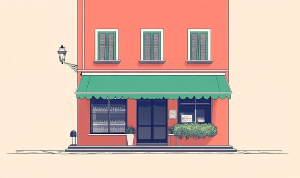 A colorful cafe features large windows, a green awning, and potted plants, inviting customers to enjoy refreshments outside on a sunny day.