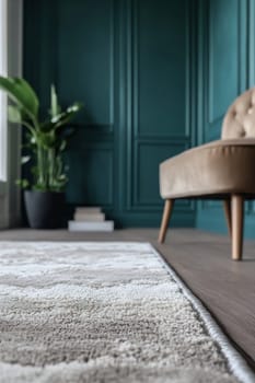 A plush area rug lies on the floor of a stylish living room featuring green walls, a brown chair, and a potted plant in the corner.