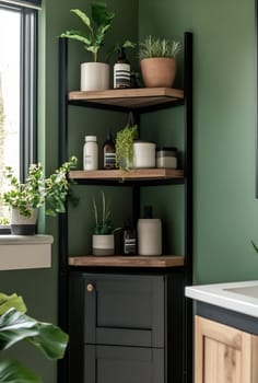 A corner shelf displays various plants and decorative bottles in a stylish, green room filled with natural light.