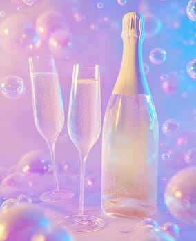 Two elegant champagne flutes are filled with sparkling drink beside an ornate bottle in a dreamy, bubble-filled setting.