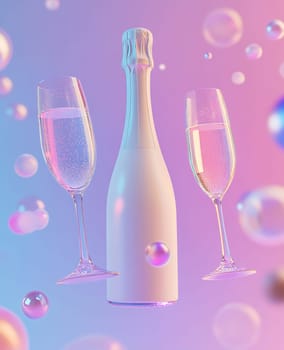 Two elegant flutes stand beside a bottle, surrounded by colorful bubbles, creating a festive atmosphere perfect for celebrations.