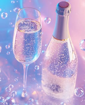 A clear glass filled with sparkling drink stands beside an elegant bottle, surrounded by playful bubbles reflecting soft colors.