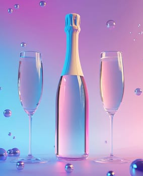 Two elegant glasses filled with bubbly drink surround a sparkling champagne bottle against a vibrant background with colorful hues.