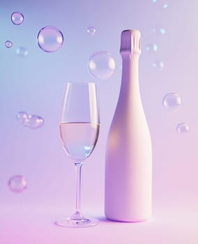 A white bottle stands beside a clear flute filled with sparkling liquid, surrounded by floating bubbles in soft pastel colors.