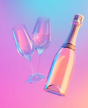 Two elegant glasses filled with sparkling wine beside a bottle, set against a vibrant gradient background.