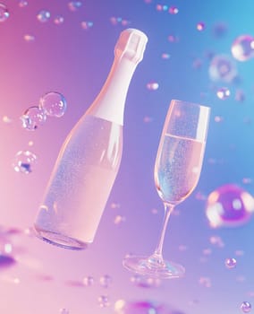 A bottle of sparkling champagne is elegantly presented beside a filled flute, with colorful bubbles enhancing the festive atmosphere.