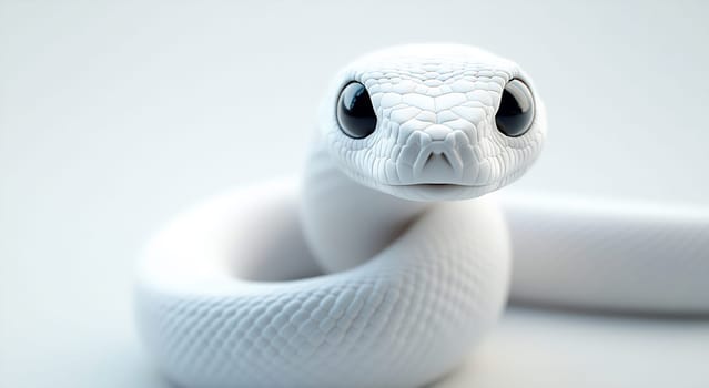 A striking white snake coiled gracefully, showcasing its smooth scales and vibrant eyes under soft lighting in a minimalist setting.