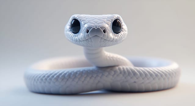 A white snake coils elegantly with large, expressive eyes. Its smooth scales gleam softly in a well-lit environment.
