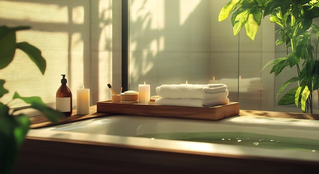 A serene spa corner features neatly stacked towels, candles, and soothing greenery, inviting relaxation and tranquility during a peaceful afternoon.