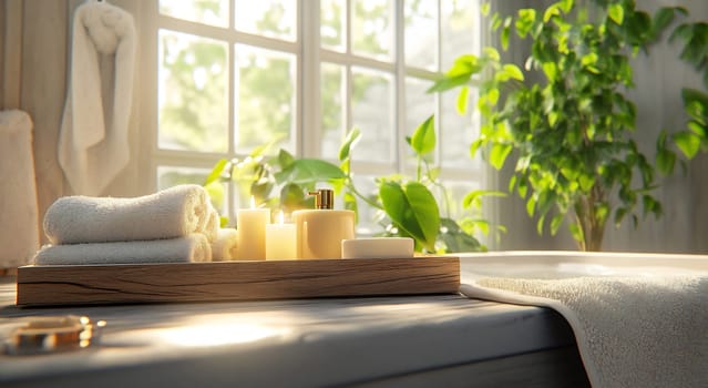 Soft sunlight fills a cozy bathroom with lush plants and candles, creating a tranquil atmosphere for relaxation and rejuvenation.