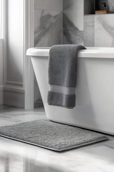 A luxurious bathroom showcases a contemporary gray rug and towel draped over a modern freestanding tub, creating a relaxing atmosphere.