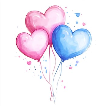 Three heart-shaped balloons in pink and blue float together, creating a joyful atmosphere perfect for celebrations and events.