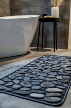A contemporary bathroom features a pebble-patterned rug near a sleek bathtub and minimalist decor, showcasing a tranquil atmosphere.