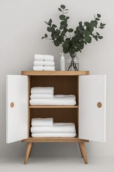 A wooden storage cabinet with two open doors displays neatly folded white towels on its shelves, complemented by a vase of greenery.
