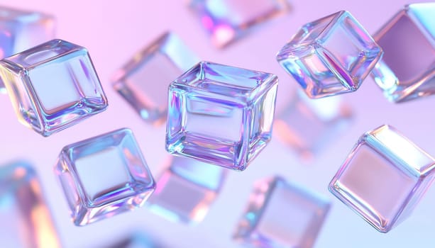 Translucent cubes hover in a dreamy pastel background, showcasing their reflective surfaces and ethereal beauty.