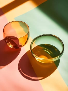Two pieces of glassware, one round and orange, and the other green and wide, cast shadows on a colorful surface with pastel shades.