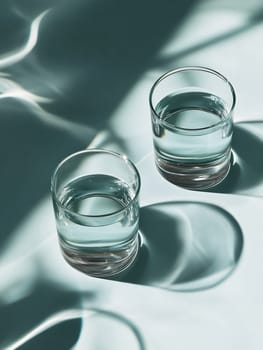 Two clear glasses filled with water sit on a reflective surface, creating beautiful light patterns and shadows.