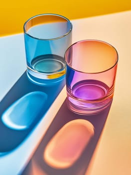 Two glasses in blue and pink hues are placed on a table, creating striking shadows against a bright yellow background.