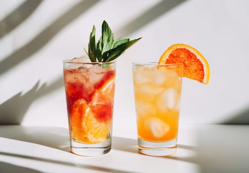 Two refreshing cocktails with vibrant colors sit on a table, illuminated by sunlight and surrounded by shadows and green leaves.