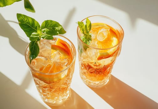 Two glasses filled with iced beverages sit on a sunlit table, garnished with fresh basil and orange slices, perfect for a warm afternoon.