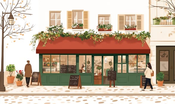 A quaint cafe features a red awning, outdoor seating, and potted plants. Visitors enjoy the atmosphere on a quiet street in the afternoon.