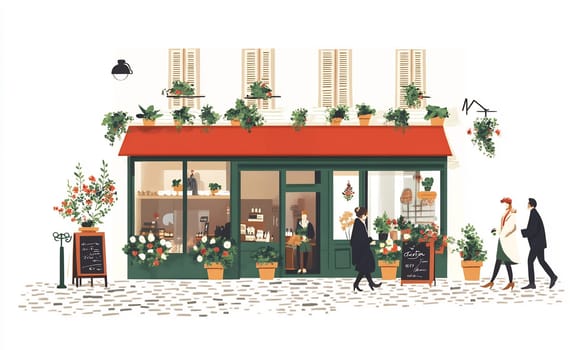 A quaint cafe features a vibrant exterior with flowers while visitors stroll past on a lively street in a sunny afternoon.
