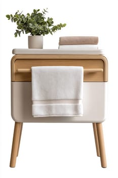 A stylish bathroom storage unit features a wooden finish, neatly folded towels, and a potted plant on top, enhancing organization and decor.