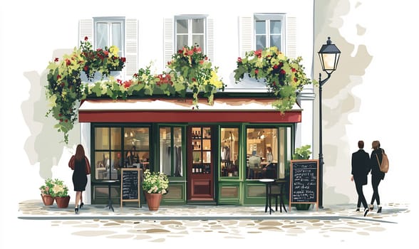 A quaint cafe adorned with flowers opens its doors on a sunny day, inviting passersby to enjoy delicious treats and drinks.