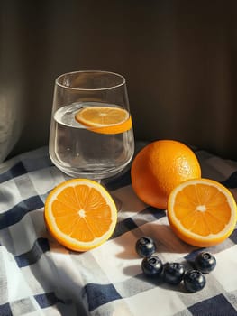 Sliced oranges and blueberries surround a glass of water with a lemon slice, placed on a checkered cloth in soft lighting.