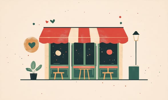 A cozy cafe features colorful awnings, outdoor seating, and a warm ambiance at night with twinkling stars and inviting decor elements.