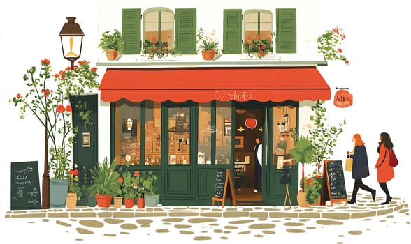 Two women walk past a quaint street cafe adorned with flowers and plants, capturing the essence of outdoor dining in a cozy atmosphere.