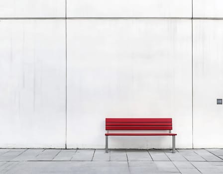 A vibrant red bench is positioned in front of a stark white wall on a clean paved area, creating a striking contrast in the urban environment.