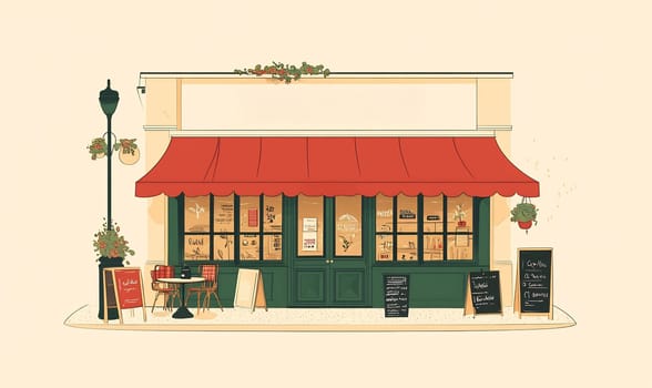 A quaint cafe features a red awning and outdoor seating, inviting passersby to enjoy a leisurely drink in a vibrant atmosphere.