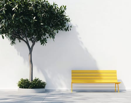 A vibrant yellow bench sits next to a lush tree against a plain wall, creating a serene and inviting outdoor space.