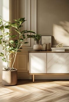 A modern living space features a sleek cabinet and greenery, with sunlight streaming through large windows, creating a warm atmosphere.