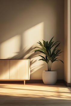 Sunlight streams through a window, casting shadows on a minimalist room with a plant and a wood cabinet, creating a warm atmosphere.