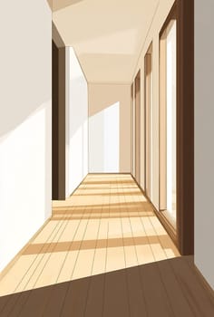Sunlight streams through large windows, illuminating a serene corridor with wooden flooring and minimalist design.